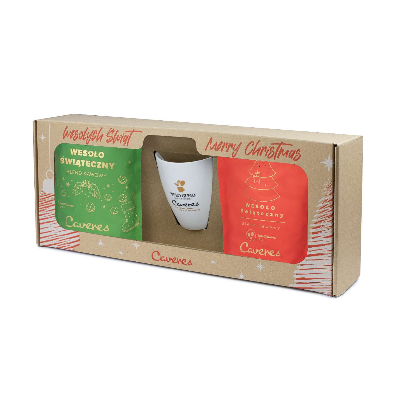 Zestaw Caveres Wesoło Świąteczny Blend: 2x250g BRAZYLIA 50/50 ziarno + Kubek Caveres