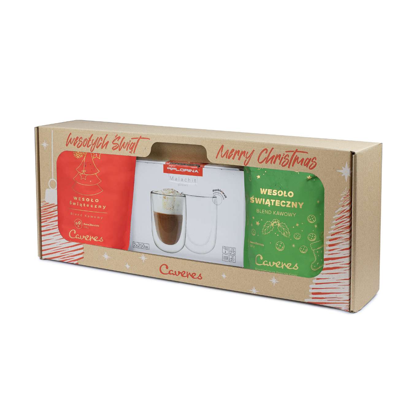 Zestaw Caveres Wesoło Świąteczny Blend: 2x250g BRAZYLIA 50/50 mielona + 2x szkl. Malachit