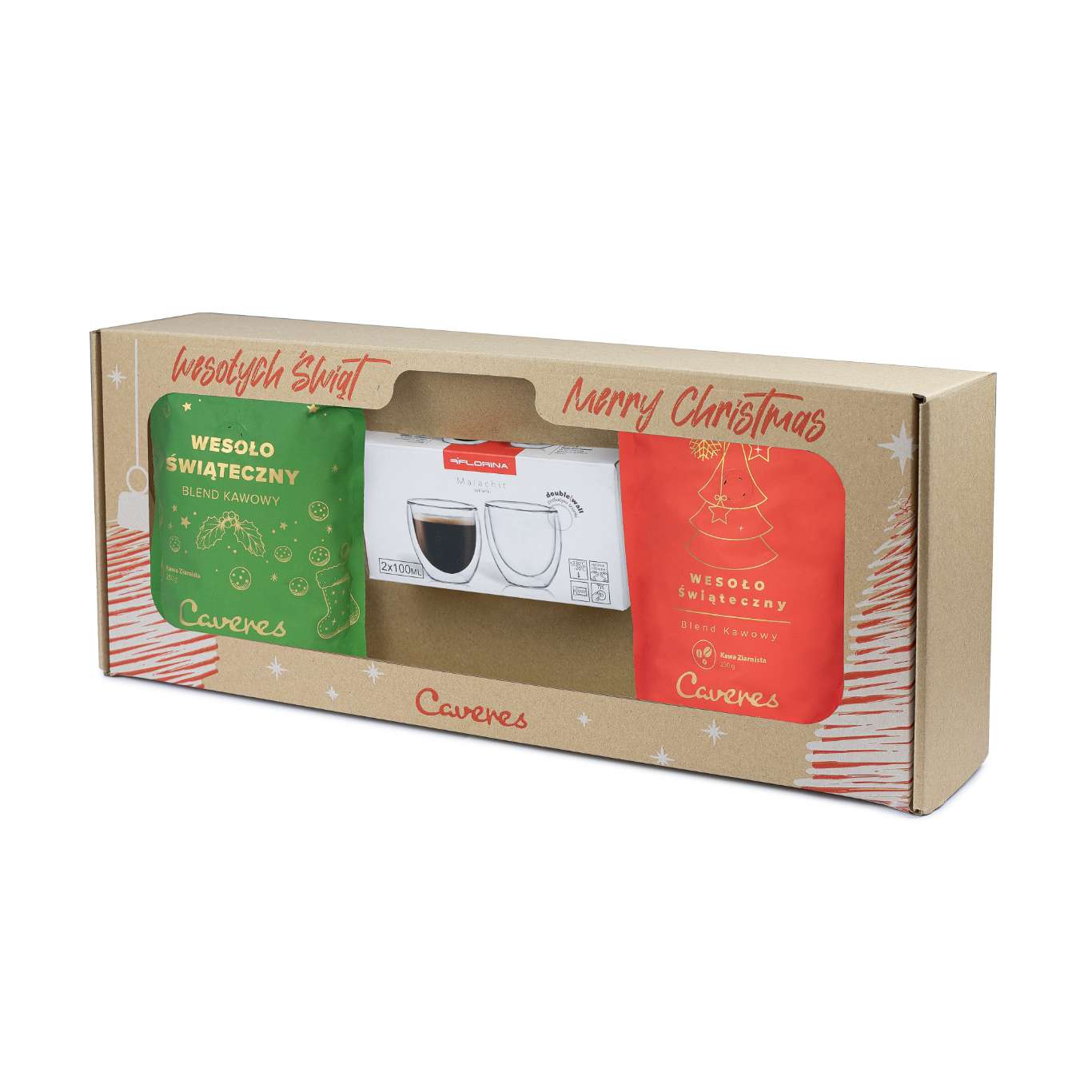Zestaw Caveres Wesoło Świąteczny Blend: 2x250g BRAZYLIA 50/50 mielona + 2x szkl. Espresso
