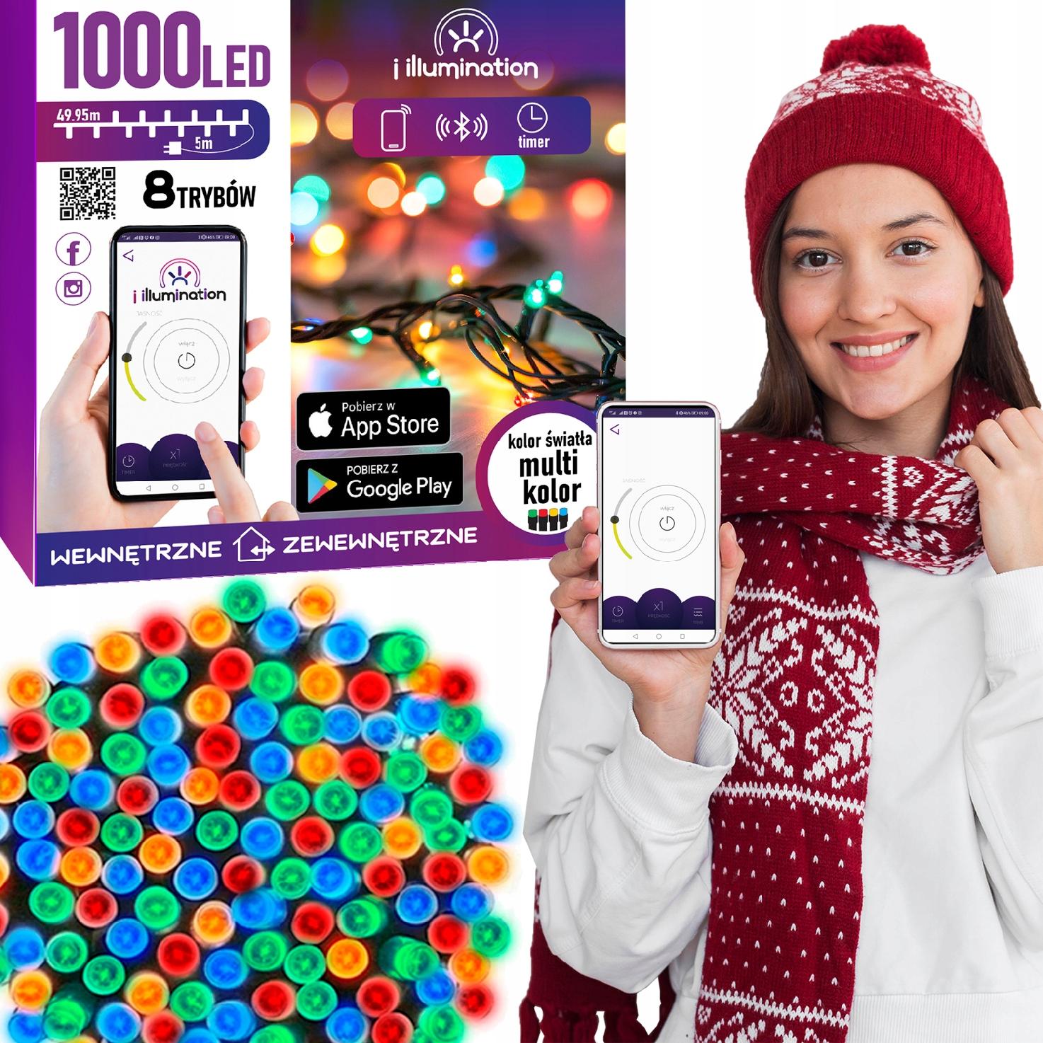 Lampki choinkowe zewnętrzne i wew. 1000 LED multikolor STEROWANE TELEFONEM